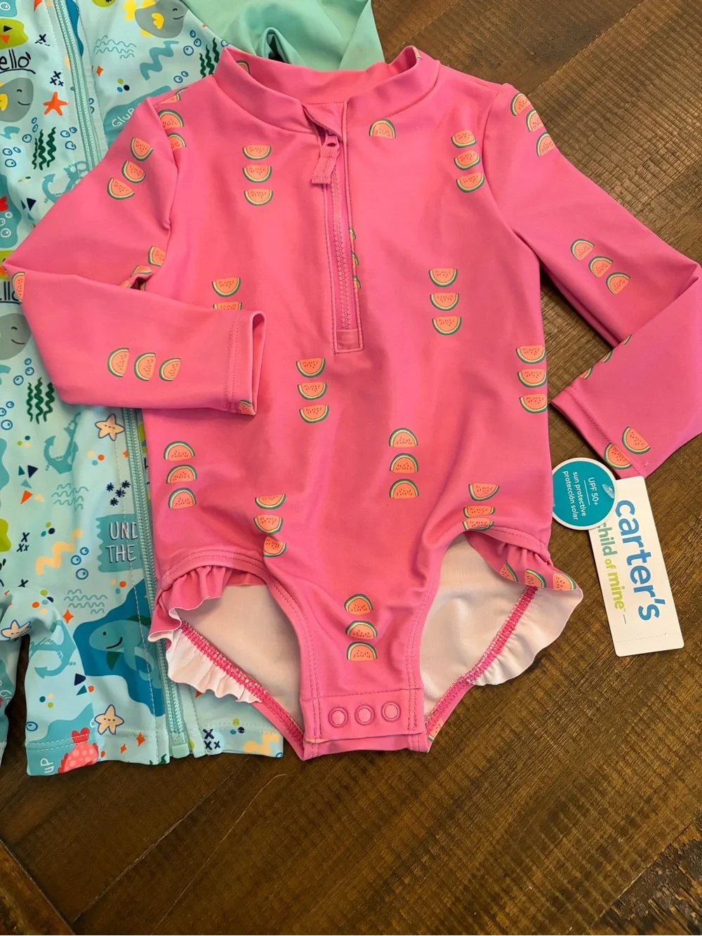 2 Baby Girl Swim Outfits - Long Sleeves Snap Leg Closure Zip Rash-guards 12-18M
